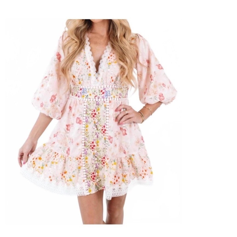 FORE COLLECTION meadow blooms‎ mini dress in multi pink size L cottagecore Lace - Picture 2 of 11